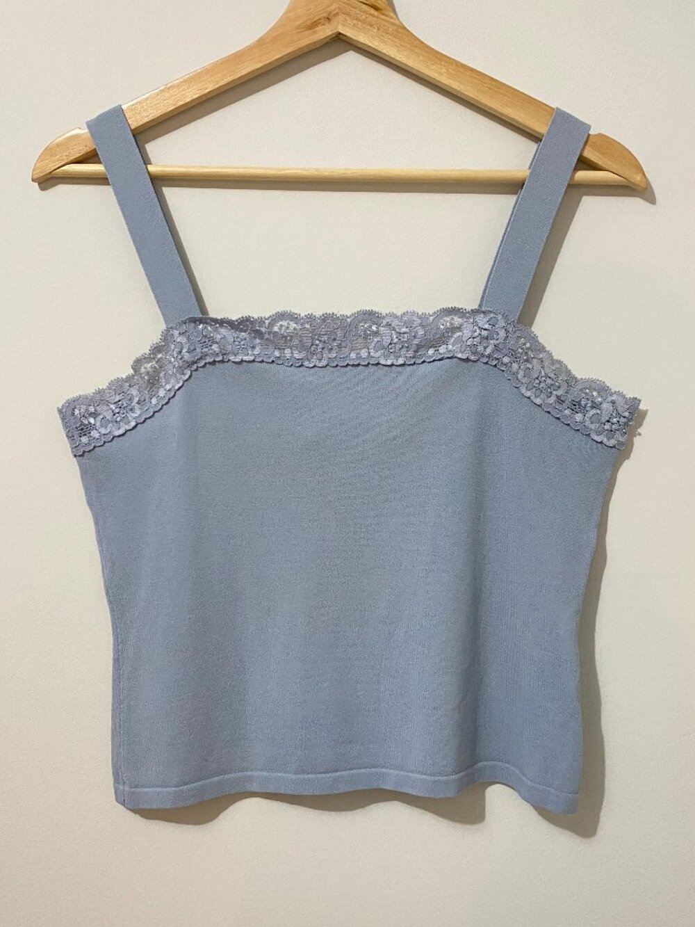 Vintage Beaded Lace Blue Camisole Tank Top Stretch Knit Coquette Romantic Y2K